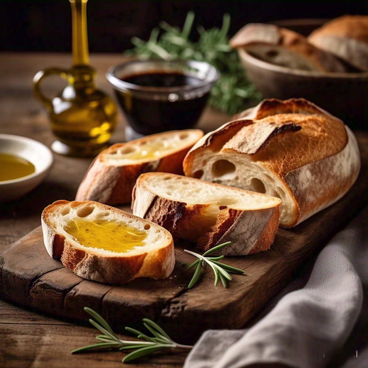 Artisan bread with butter olive oil for dipping
